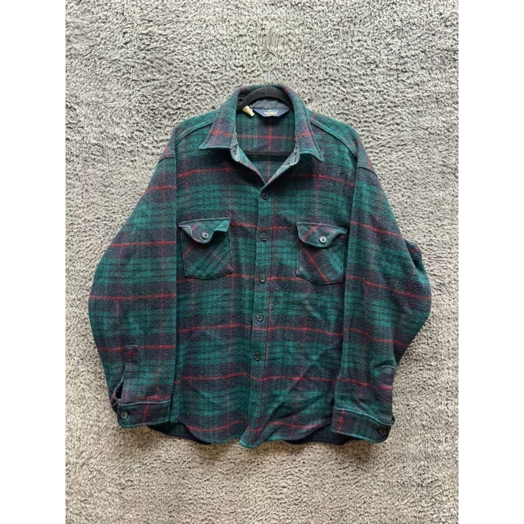 Vintage 80s Woolrich Wool Blend Plaid Flannel Overshirt Green Mens Size Xl